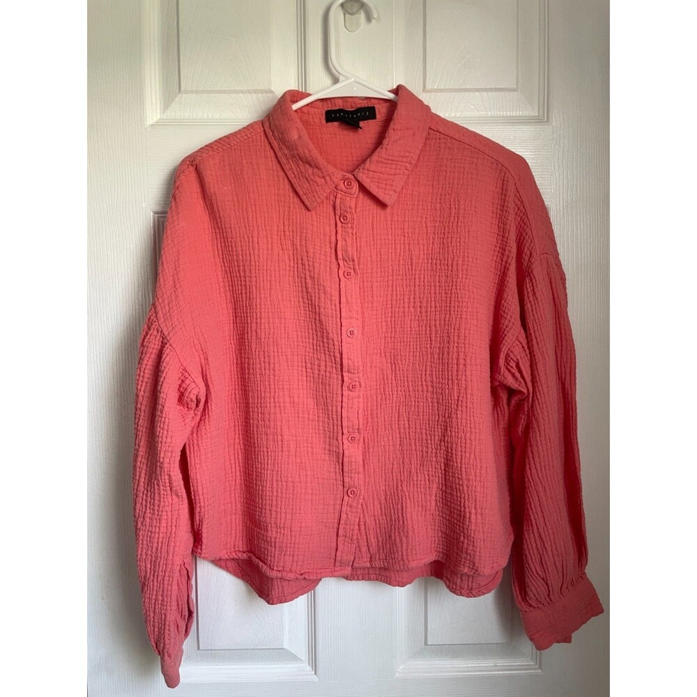 Sanctuary Cotton Gauze Coral Pink Long Sleeve Button Top Size Large READ